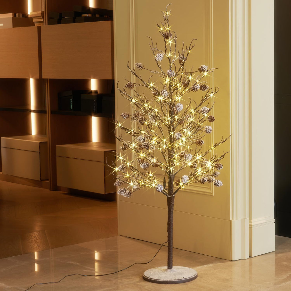 Fudios Lighted Tree with Pinecone Snow Dusted 4ft 200LED for Winter Decoration Artificial Tree Lights Plug