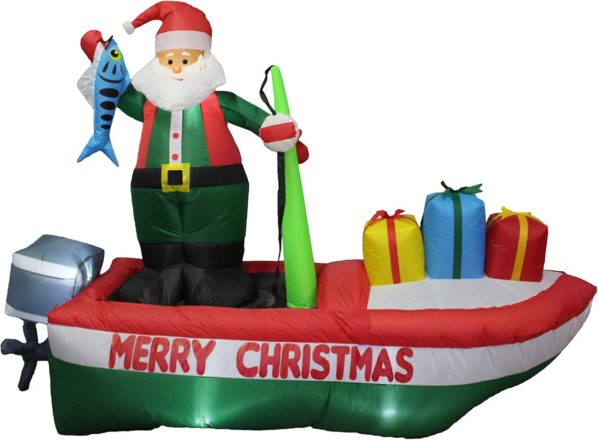 8 Foot Long Inflatable Santa Claus on a Fishing Boat / Outdoor Yard Decoration, Built-in LED Lights,