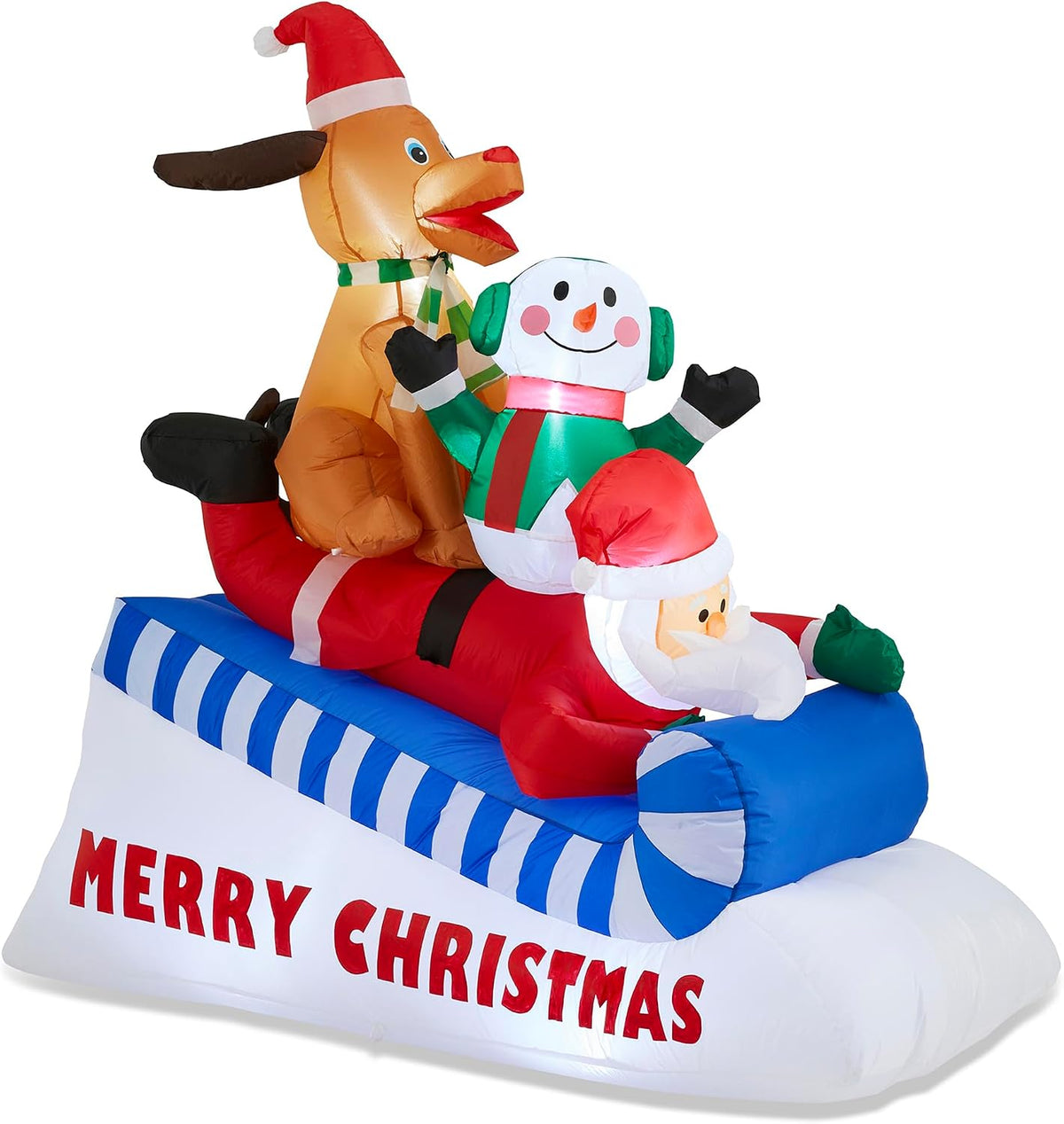 Glitzhome 6FT Inflatable Skiing Santa with Snowman and Dog, LED Christmas Yard Decoration, Animated Outdoor