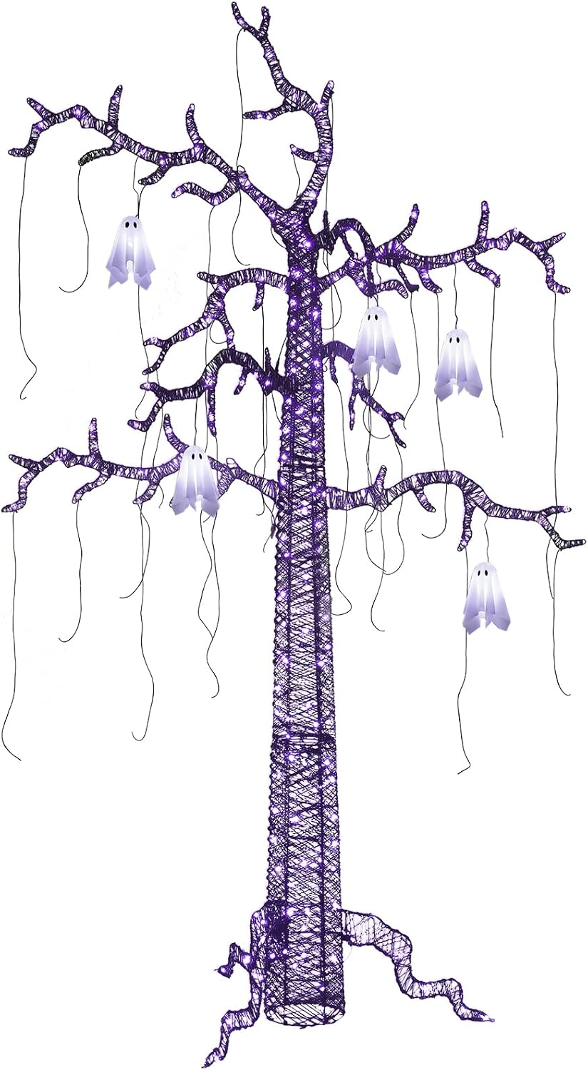 8FT Lighted Black Halloween Tree with Ghost, 355 LED Giant Spooky Tree / Purple Light Up Outdoor Scary