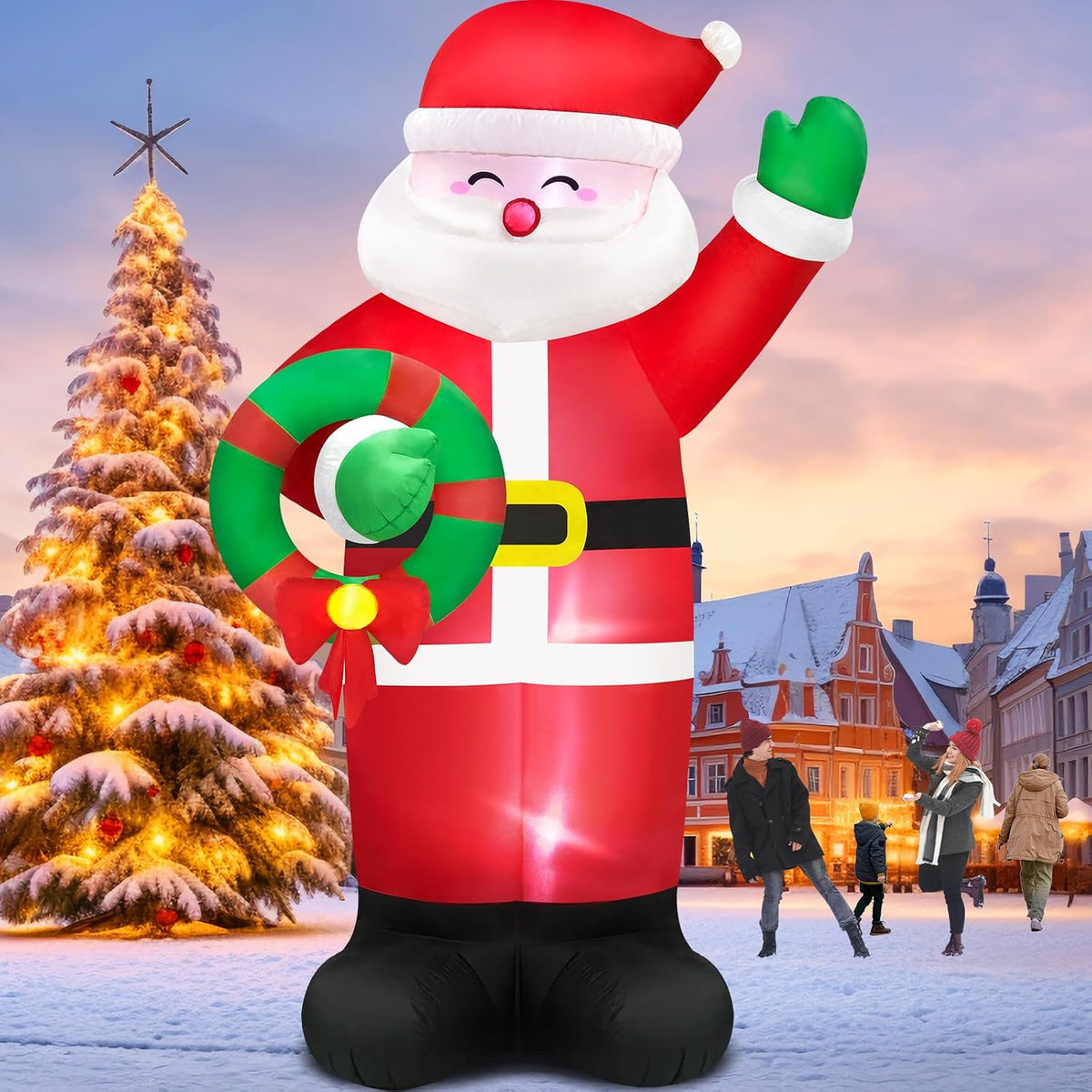 Danxilu 14FT Christmas Inflatable Santa with Wreath Outdoor Decoration / Built-in Bright LED Lights, Fast