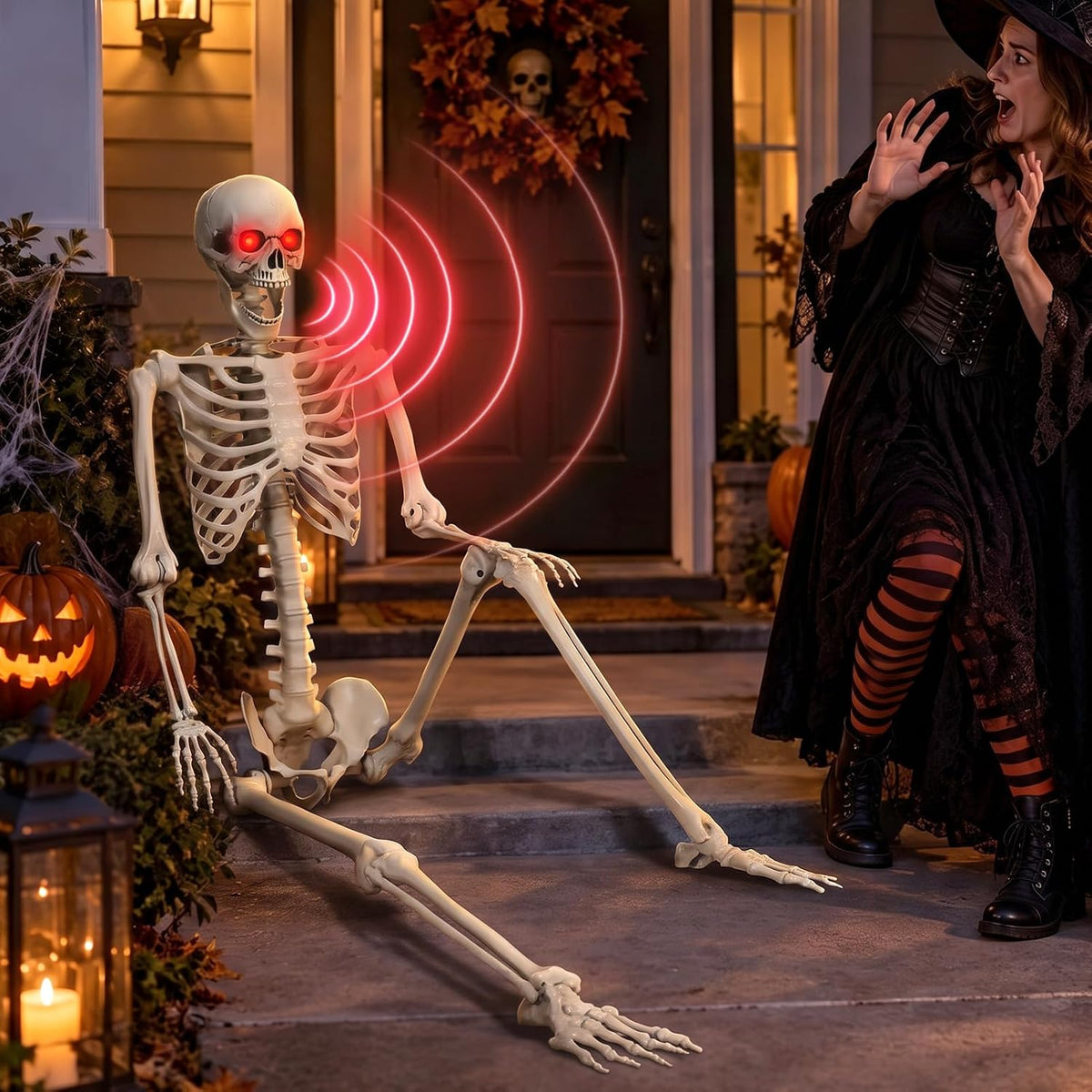 6ft Life Size Sound-Triggered Halloween Skeleton, Cackling Laugh/Red Eyes / Jump Scare Prop, Realistic,