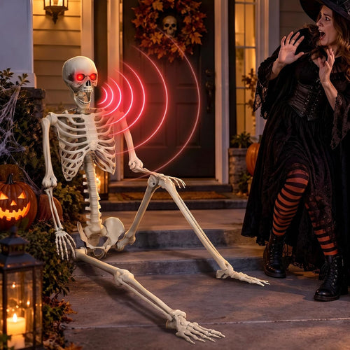 6ft Life Size Sound-Triggered Halloween Skeleton, Cackling Laugh/Red Eyes / Jump Scare Prop, Realistic,