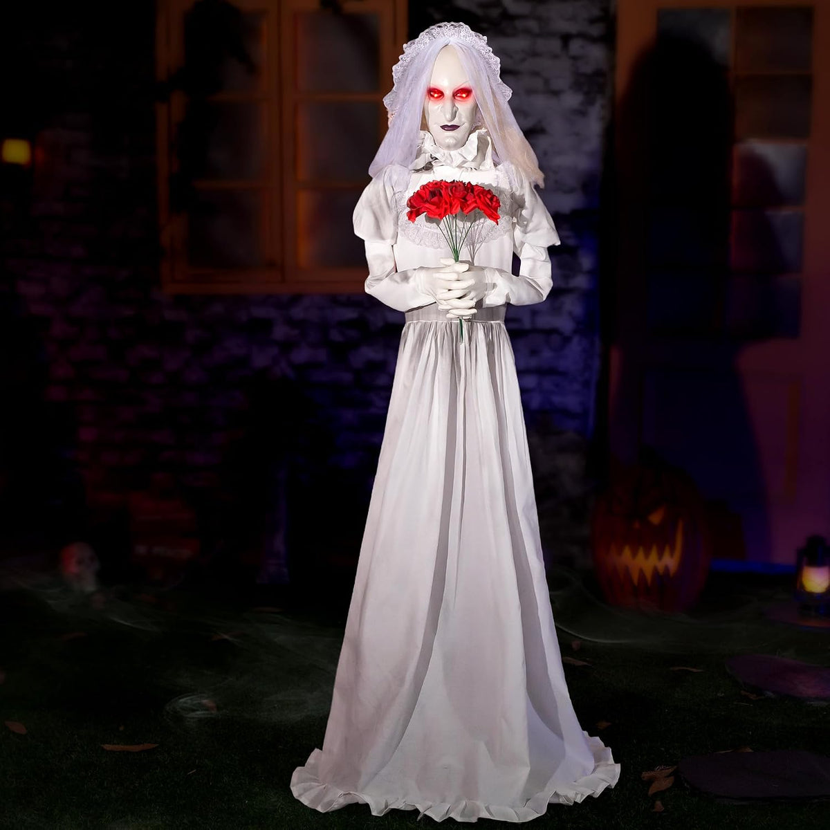 Halloween Animatronics Decorations 65 inch Bride Ghost with Swapped Face, Sound Activated Animated Brides