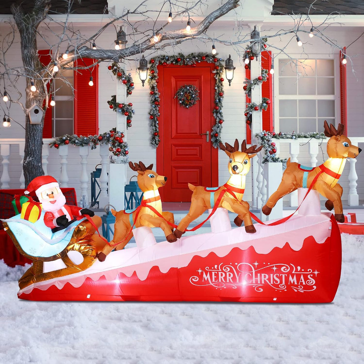 9 ft Wide Christmas Inflatables Decorations Merry Christmas Inflatable Santa Claus Reindeer on Sleigh with