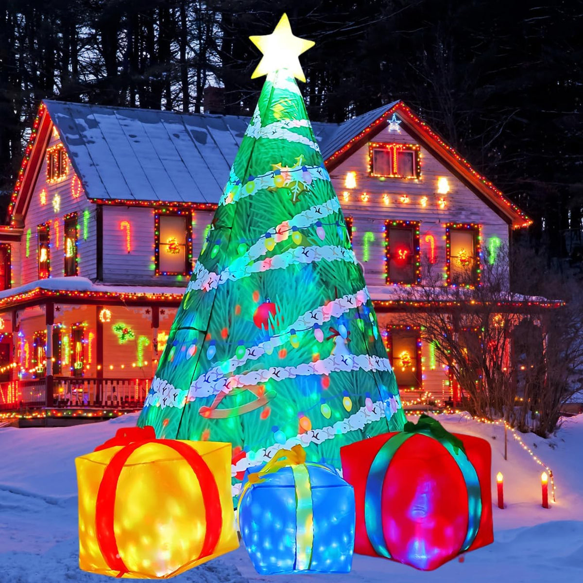COMIN 7 FT Christmas Inflatables Tree Outdoor Decorations Blow Up Yard Present Box with Built-in LEDs for