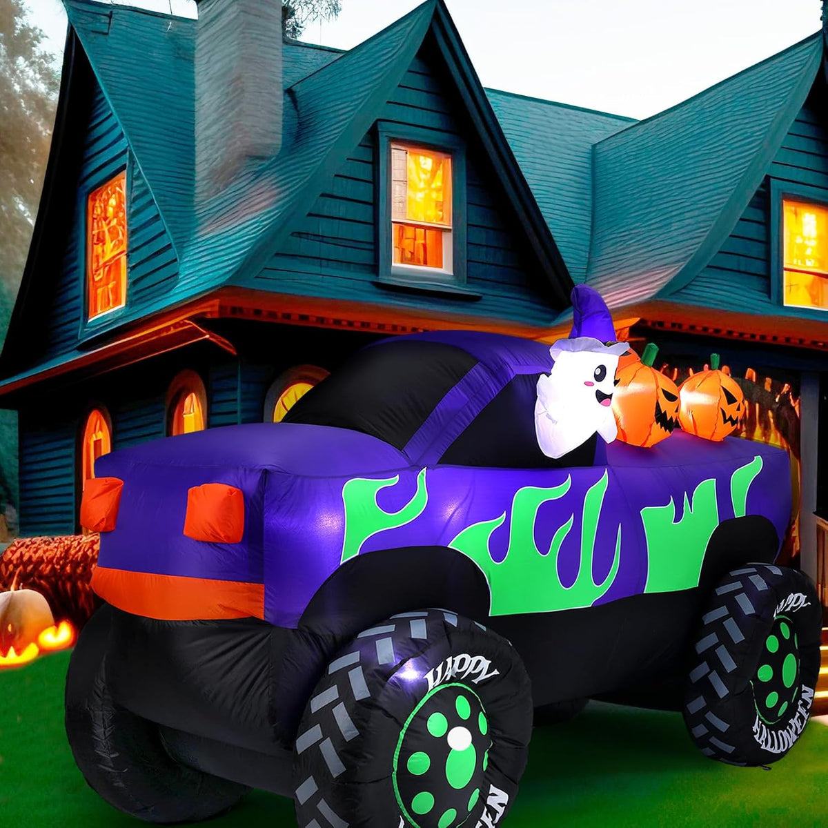 Leyndo 8 ft Long Halloween Inflatables Monster Truck Outdoor Decorations / Lighted Ghost Driving Truck with