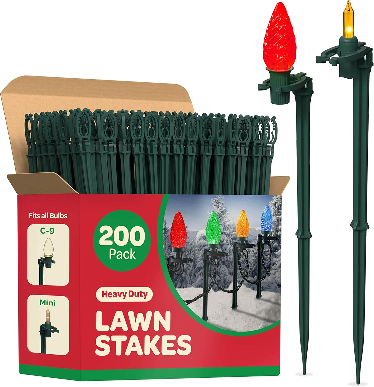 Christmas Light Yard Stakes [Set of 200] Outdoor Light Stakes - 8.5" Tall - Universal Christmas Pathway