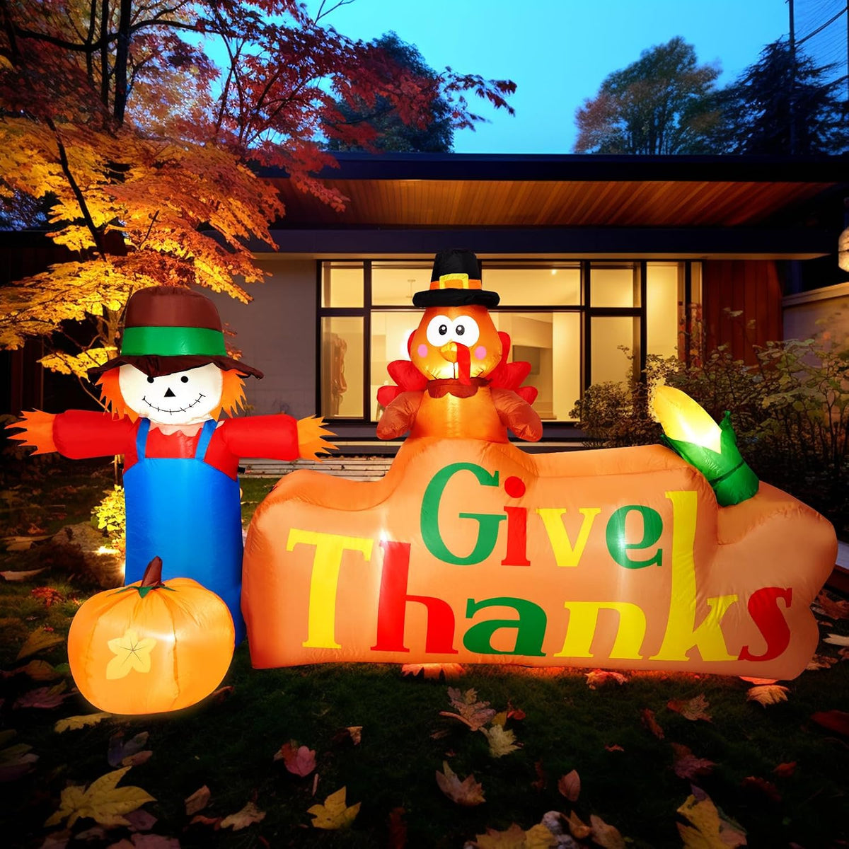 CAMULAND 8Ft Autumn Outdoor Built-in LED Inflatable Scarecrow & Turkey / hanksgiving Inflatable Decorations,