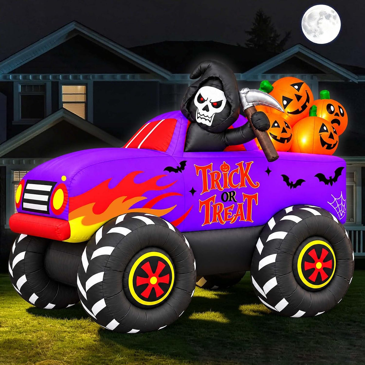 SEASONBLOW 9 FT Long Halloween Inflatables Monster Truck Outdoor Decorations, Light Up Blow Up Grim Reaper
