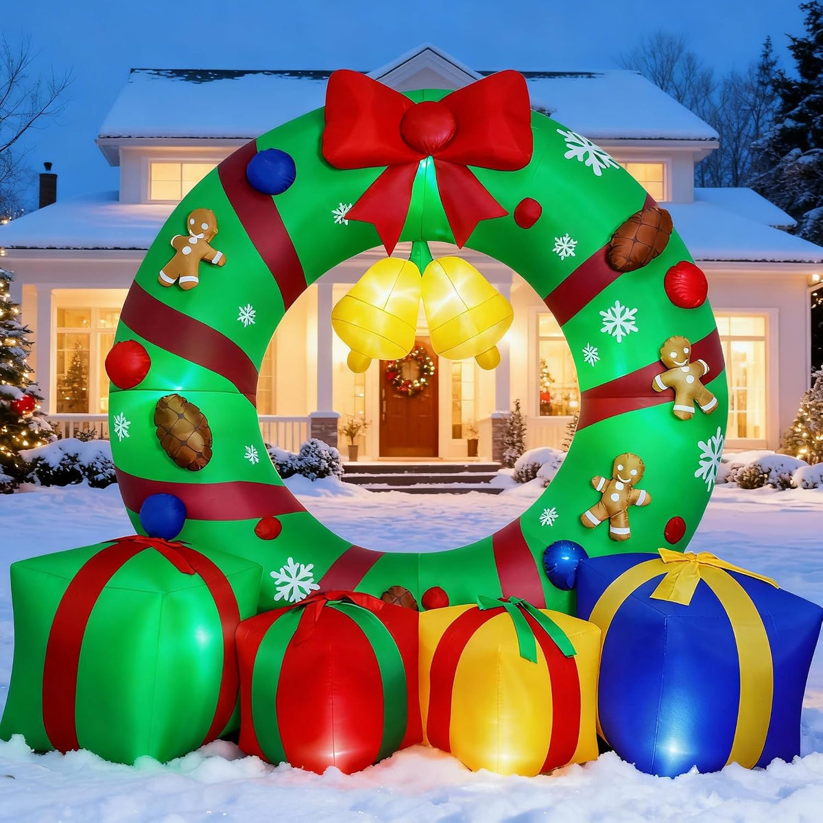 Max Fun 10FT Giant Inflatable Christmas Wreath Outdoor Decor Blow Up Christmas Wreath with Gift Boxes Bells