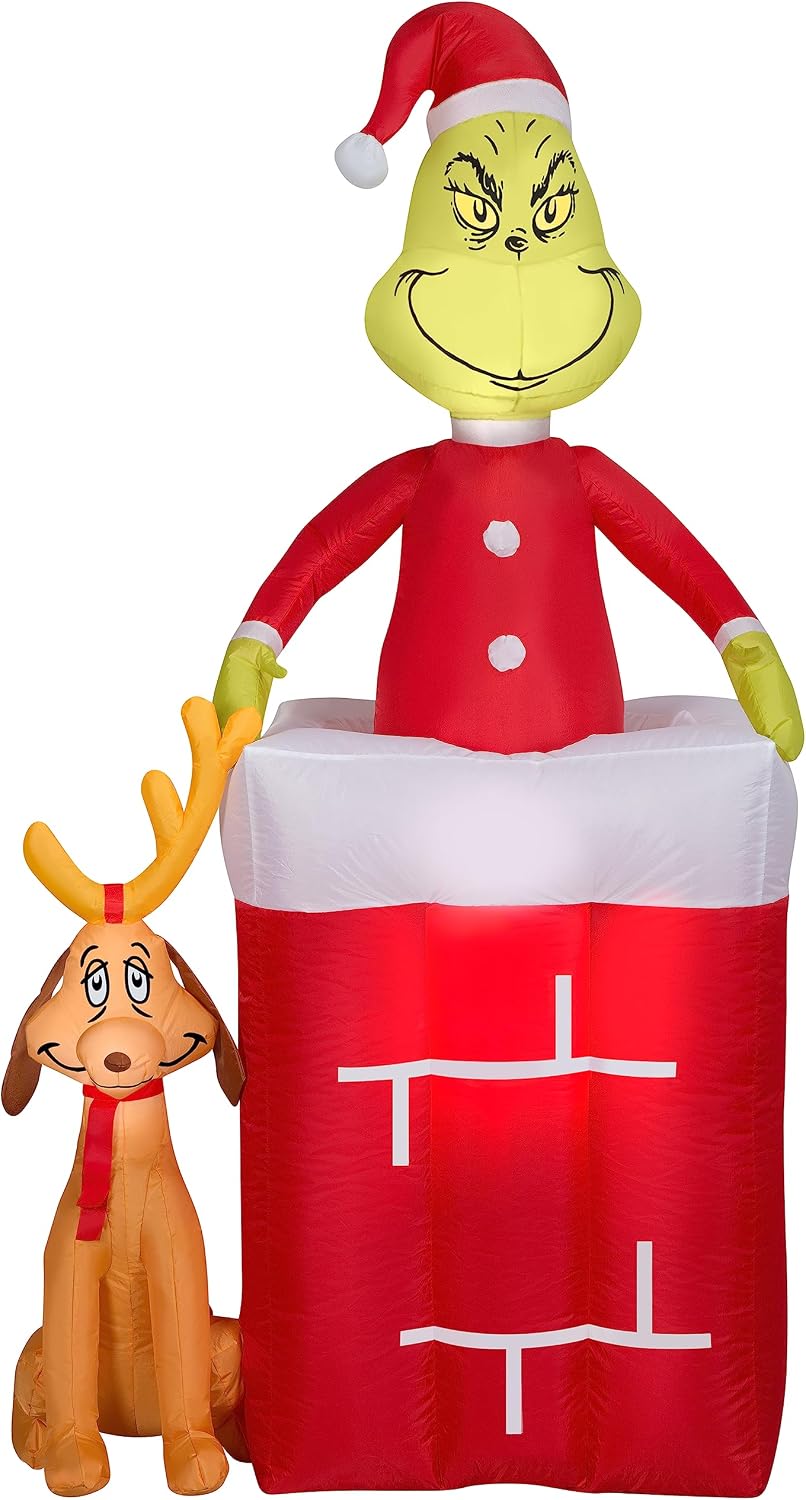 Gemmy Animated Airblown-Grinch Out of Chimney w/Max and Presents-Scene-Dr. Seuss
