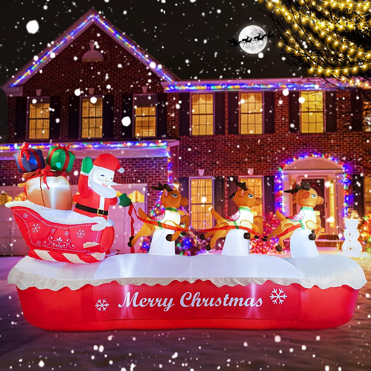 COOLWUFAN 10 FT Christmas Inflatables Outdoor Decorations Santa Claus on Sleigh, Blow Up Cute Elks Pulling