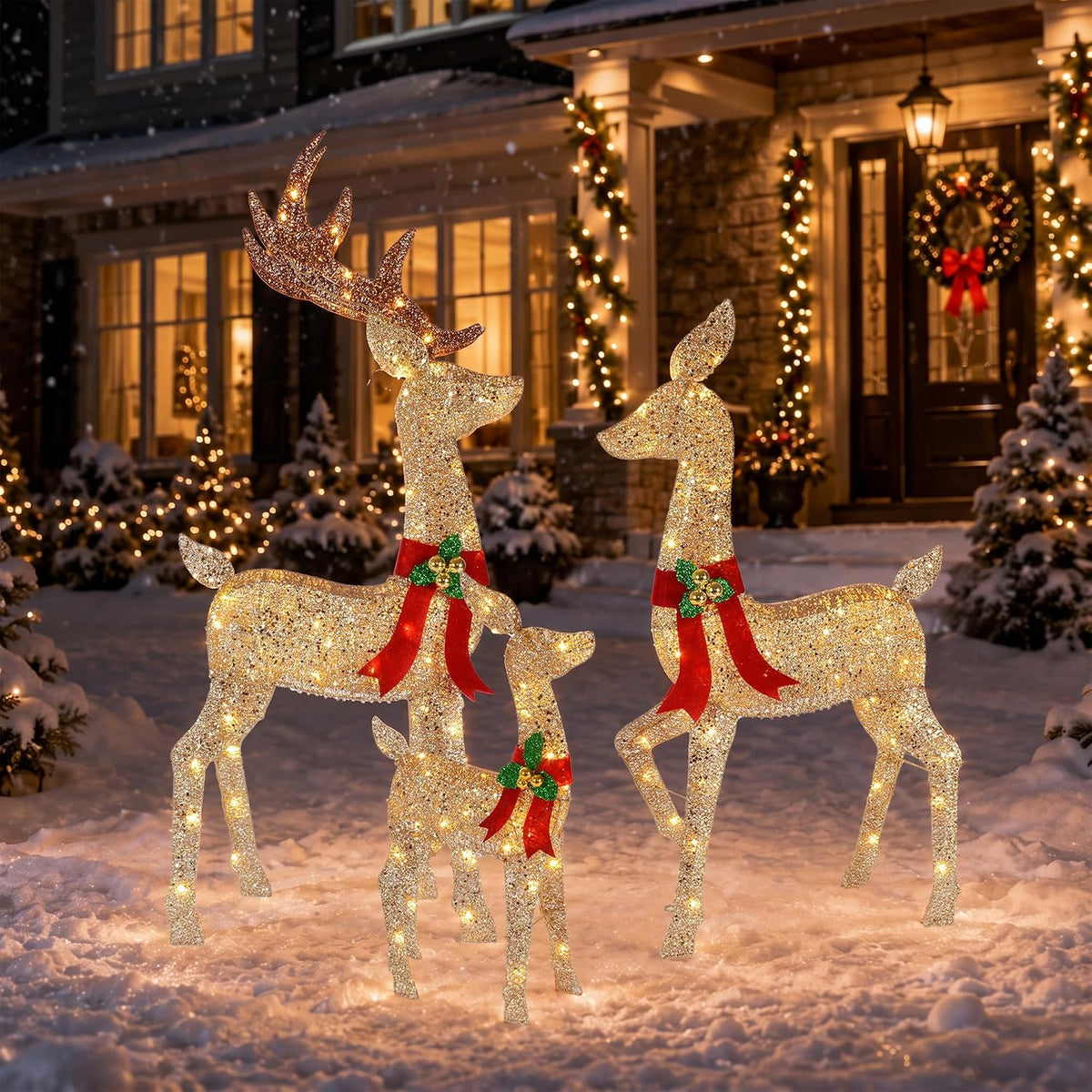 52 ‌"3-Piece 3D Lighted Christmas Deer Family Outdoor Decorations, Large Gold Reindeer Set with 146 Warm
