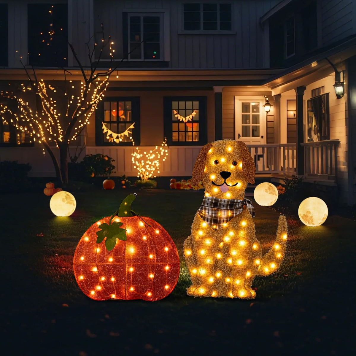 Glitzhome Fall Lighted Outdoor Decor, 47" H 2.5D Labrador Pumpkin Display with 90 Warm White LED Lights,