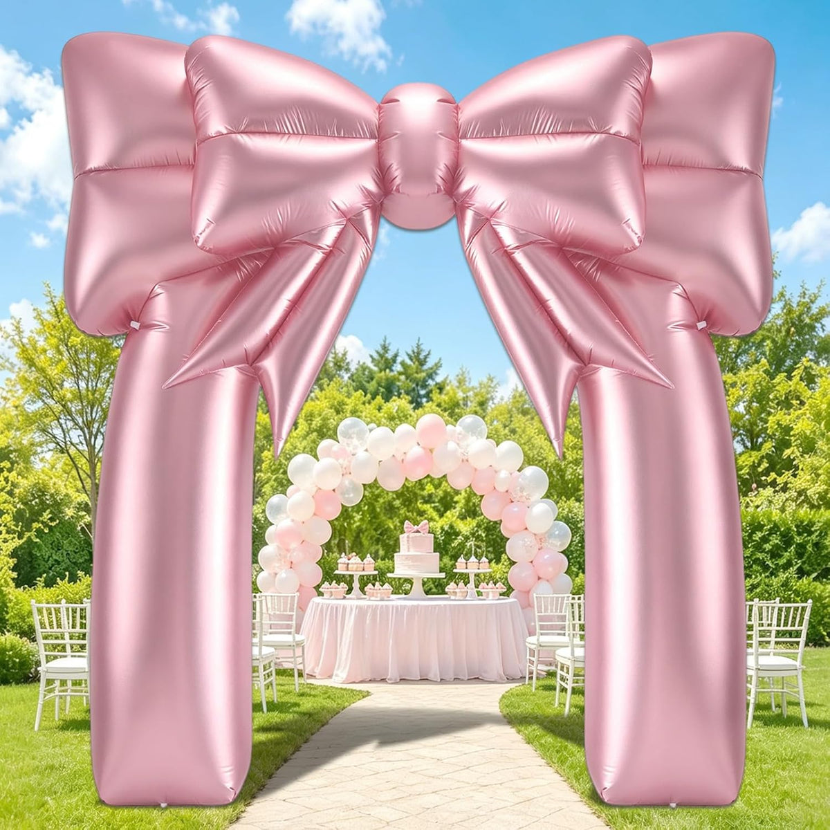 9FT Rose Gold Bow Inflatable Arch Outdoor Decor, Giant Blow Up Bow Arch / Metallic Finish Pink Birthday
