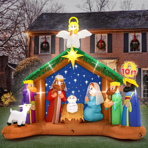 10FT Christmas Inflatables Decor, Blow Up Christmas Nativity Scene Outdoor / Self-inflatable, Powerful Air