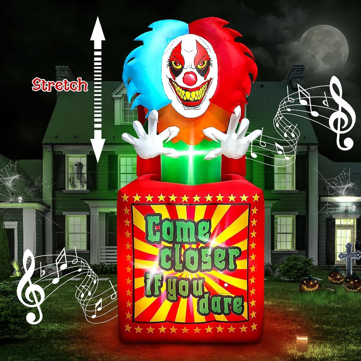 6.6 FT Halloween Inflatables Animated Clown with Music, Kalolary Circus Clown Box Outdoor Decorations Blow