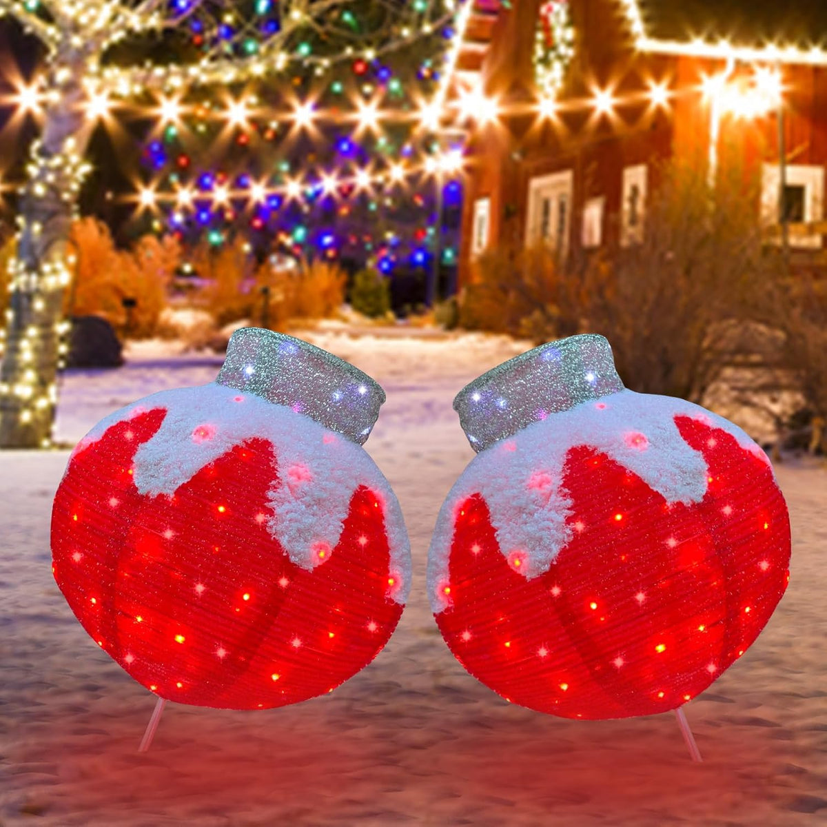 Lighted Christmas Balls Outdoor Decorations, 2pcs Pop-Up Red Christmas Décor Balls Prelit 160 Lights with 8