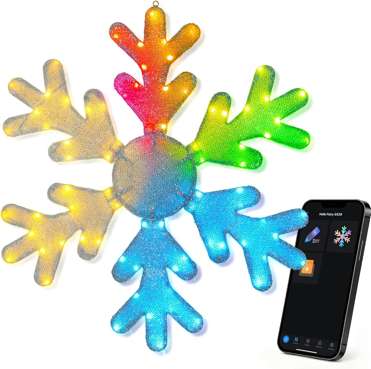 36" Smart Christmas Snowflake Lights Outdoor APP Control / Foldable Big Hanging Snowflake Lights, 105+ Modes,