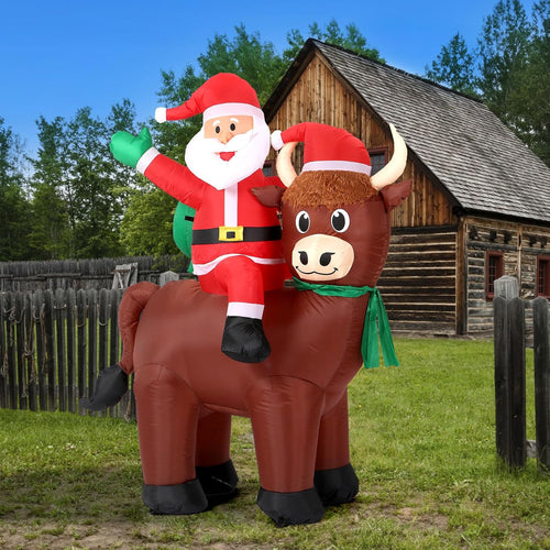 6FT Highland Cow Christmas Inflatables: Santa Claus with Highland Cow, Santa Blow Ups Outdoor Decorations