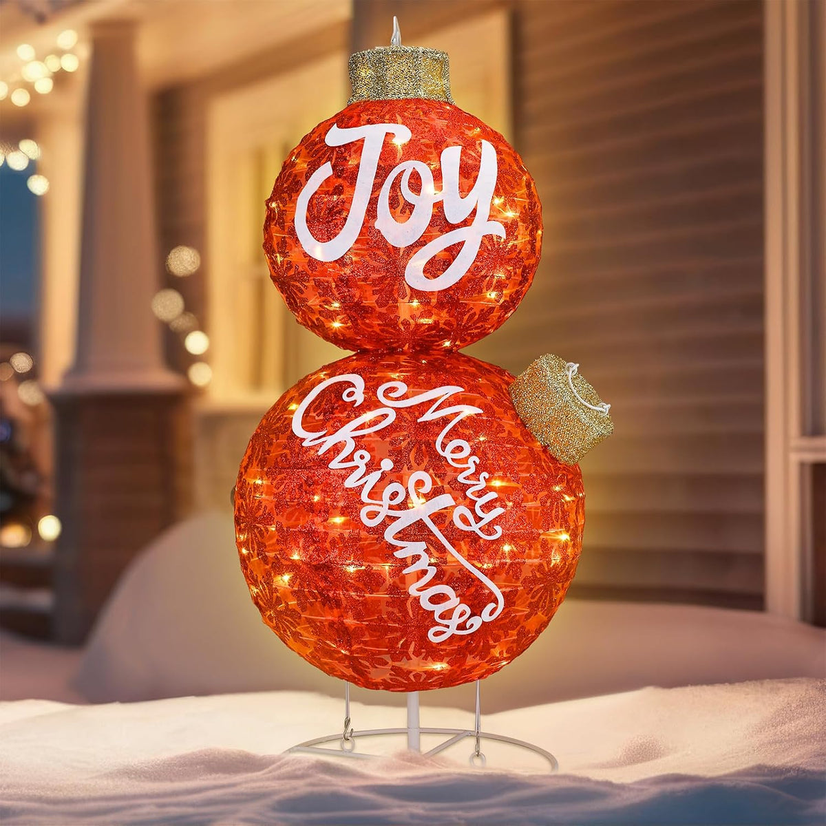 Cinnvoice 35" Giant Lighted Christmas Ball Ornaments Pop-Up, Red / Glittered Holiday Decor with Warm LED
