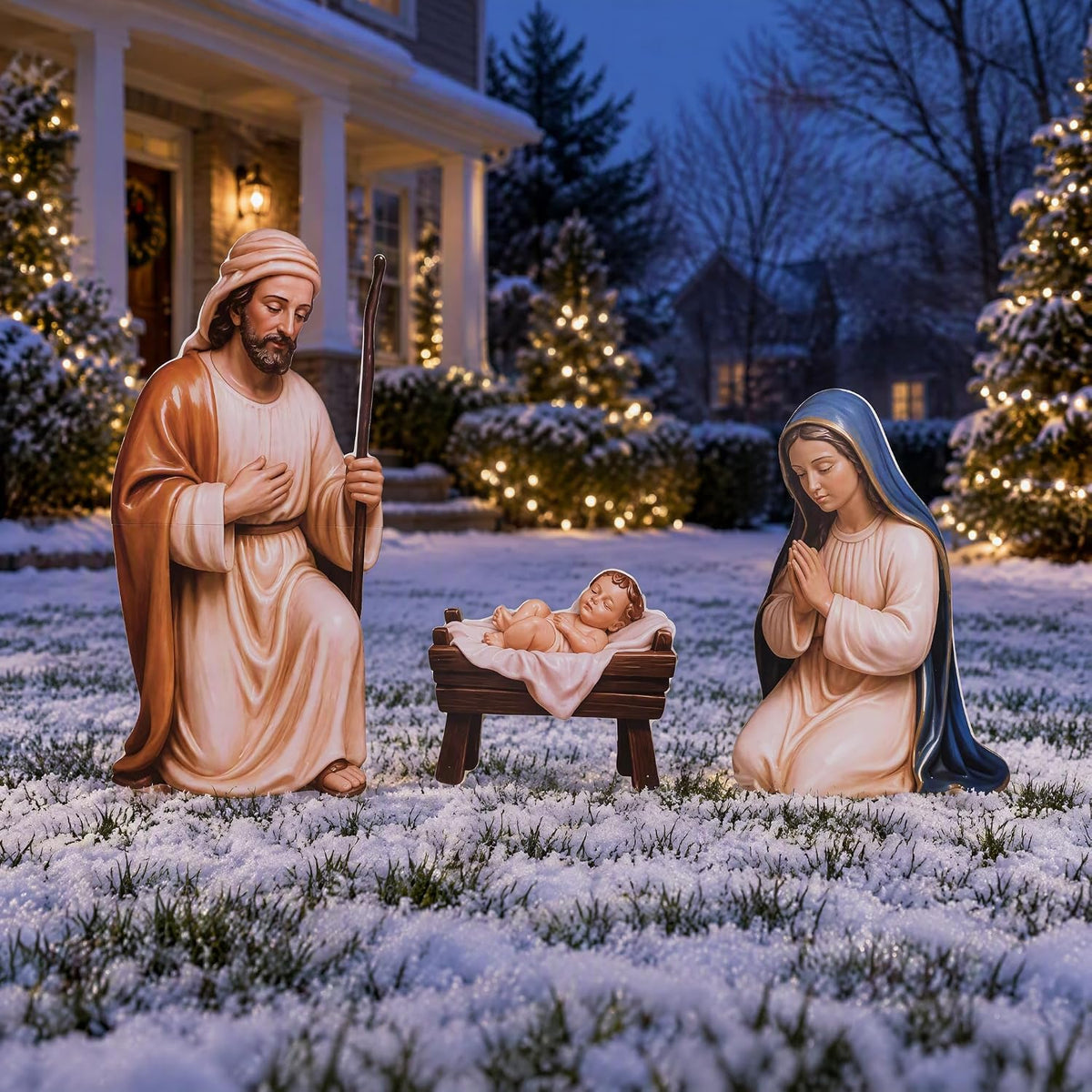 3 Pcs Metal Christmas Outdoor Nativity Scene Set for Yard with Stake / (Retro) Large Holy Family Outdoor