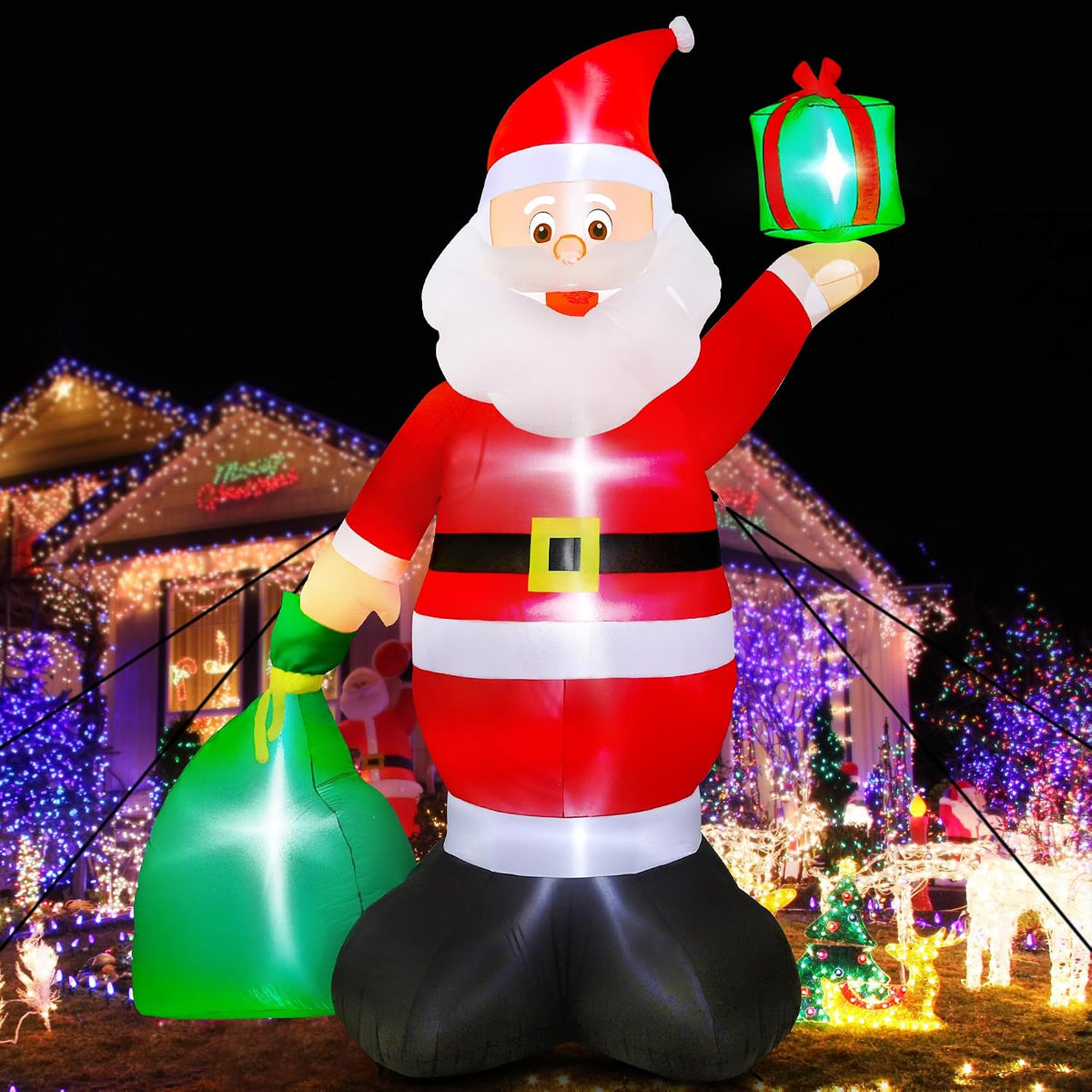 14FT Christmas Santa Inflatables, Giant Inflatable Santa with Bag, Blow Up Christmas Santa Claus with 6pcs