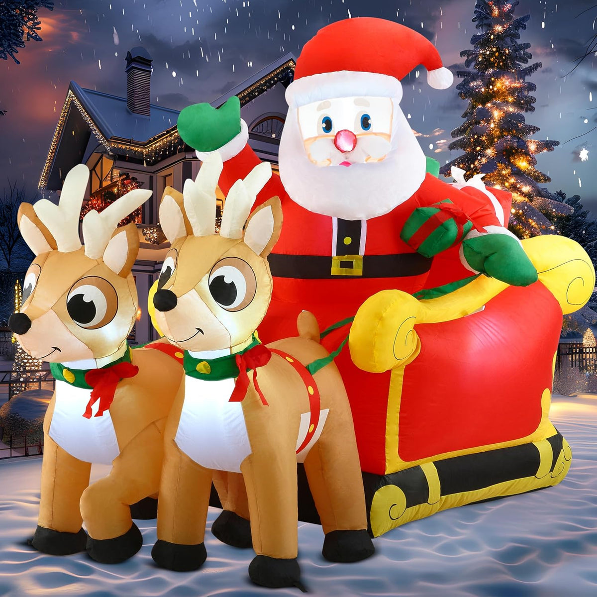 Joiedomi 6 FT Long Christmas Inflatable Santa on Sleigh with 2 Reindeer, Inflatable Christmas Yard